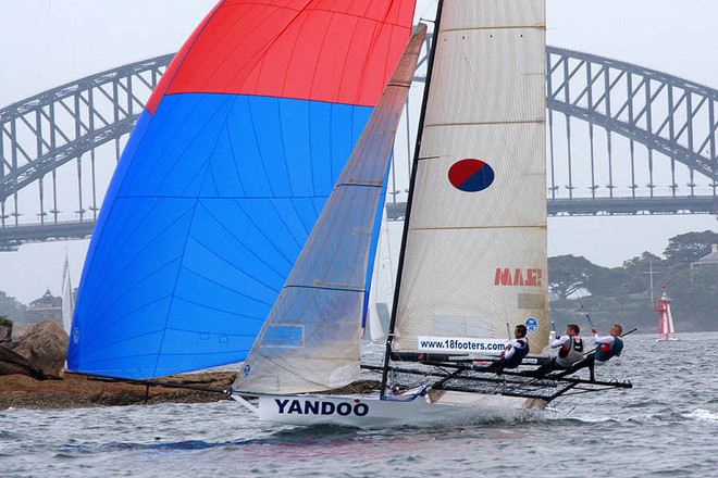 Yandoo on first spinnaker run - Giltinan 18ft Skiff Championship 2012 © Frank Quealey /Australian 18 Footers League http://www.18footers.com.au